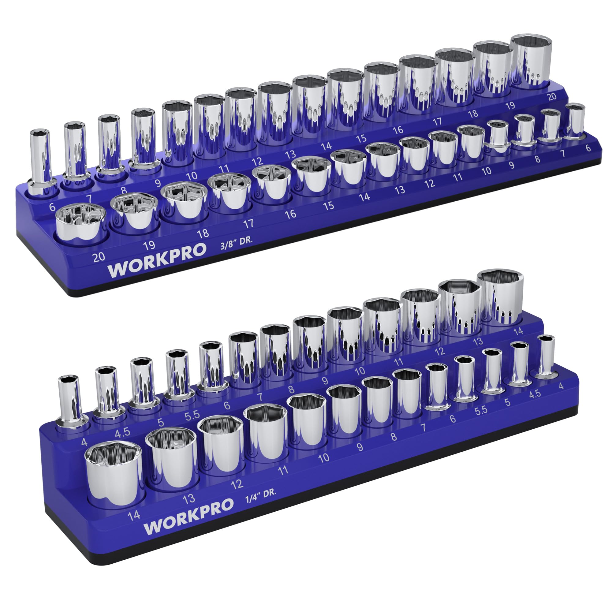 

WORKPRO Магнитный держатель для головок и привода, вмещает 56 метрических головок, Продается с органайзером, Набор из 2 предметов, 6,35 мм (1/4 ) 9.5mm (3/8 ) Розетки, (Розетки отдельно)