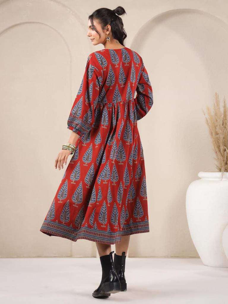 Hand Block Printed Dress Midi Cotton Floral Dress Boho Chic Holiday Summer Indian Cotton Dress Handmade In India Jaipuri Dress with Pockets