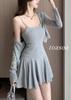 TOASOA Casual Camisole Mini Long Sleeve Set Women's Dress, Dress, Cardigan, 2-Piece (03 - XL, Gray)