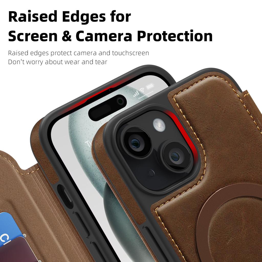 For iPhone 15 Case Compatible with MagSafe RFID Blocking Card Holder Leather Phone Cover