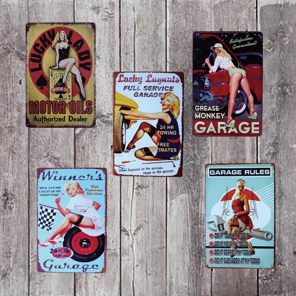 Set of 5 Tin Signs, Metal Plates, American Vintage Style, Retro Wall Decor, Metal Miscellaneous Goods, Antique Wall Decor (Bijo Garage, Set of 5)
