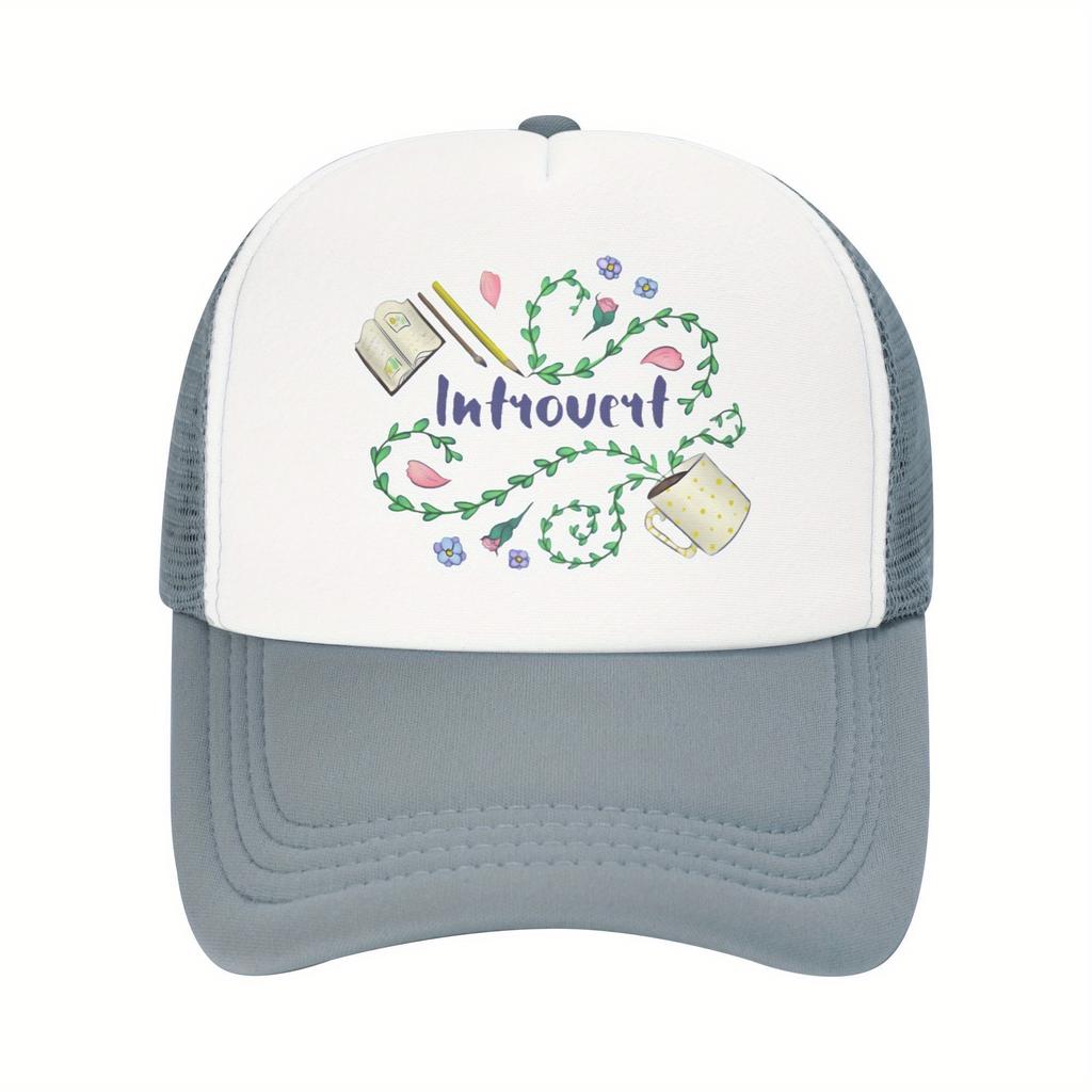 Introvert Floral Design Trucker Hat Polyester Mesh Baseball Cap Casual Unisex Adjustable Headwear