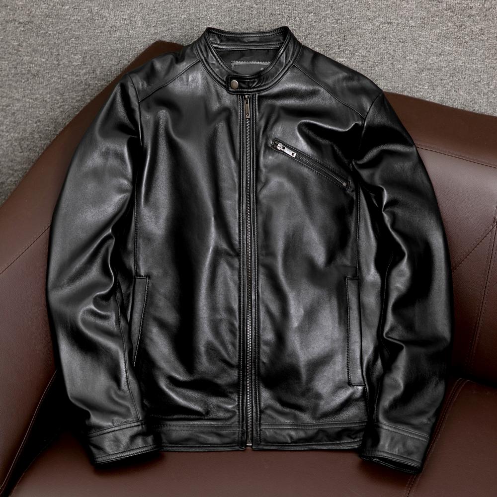 New Mens Genuine Leather Jacket Slim Fit Short Style Sheepskin Coat Autumn Stand Collar Casual Outerwear