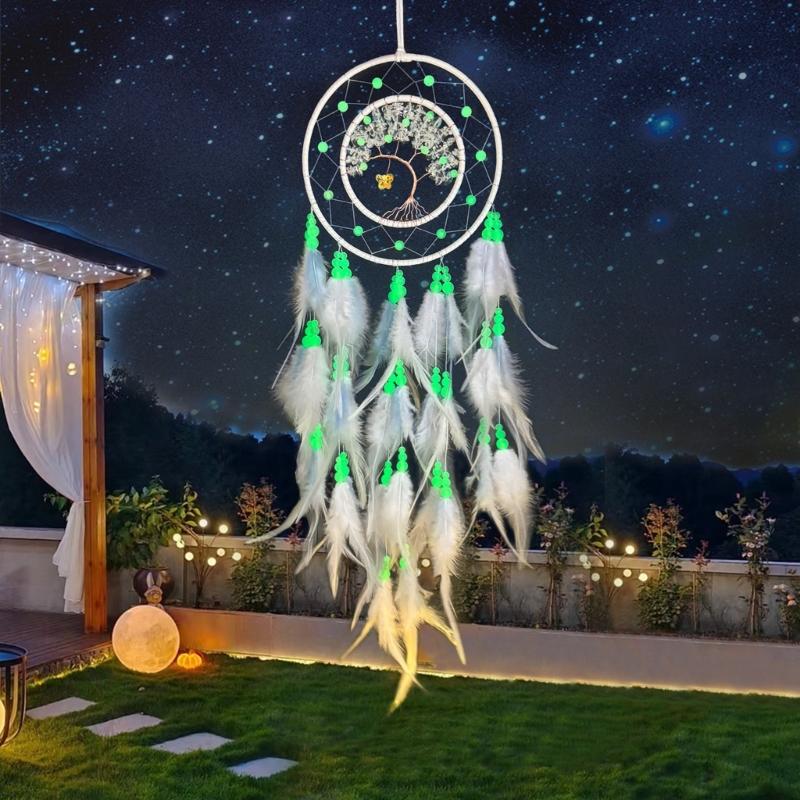 Bedroom Handmade Dreamcatchers Hanging Ornament with Feathered Tassels and Glowing In Dark Beads for Home Aesthetic