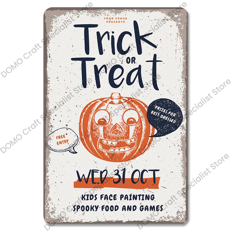Halloween Night Party Poster Vintage Metal Signs Pumpkin Trick or Treat Metal Tin Plate Wall Art Decor For Bar Pub Club Home