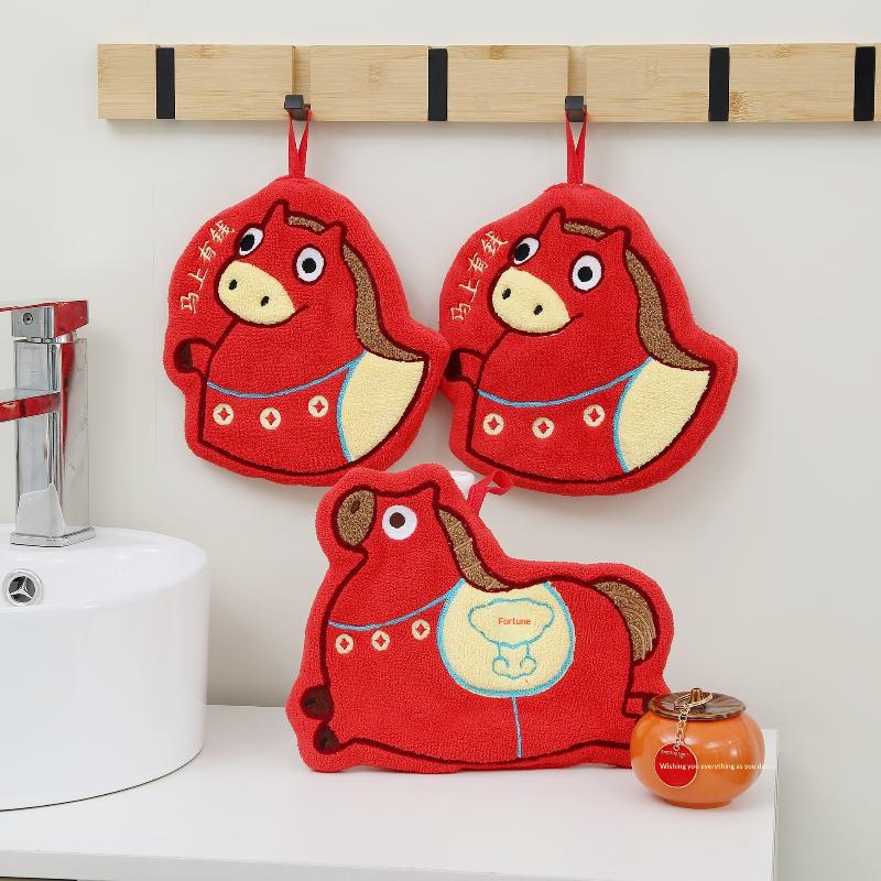Cartoon Horse Hand Towel Coral Fleece Chinese New Year Home Kitchen Wipes Horse Thickened Hanging Absorbent Towels For Bathroom