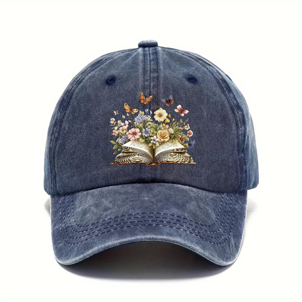 Floral Butterfly Open Book Baseball Cap Vintage Washed Adult Casual Adjustable Snapback Hat Unisex