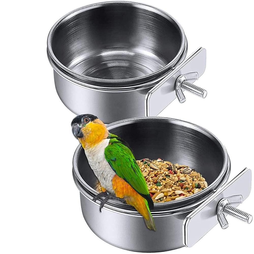 Food Dish Clamp-on Stainless Steel Hamster Bird Feeder Parrot Feeding Bowl Water Drinker Cage Cup