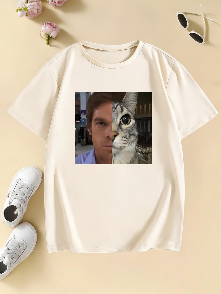 Y2k Casual Crew Neck Cat Print T Shirts Manga Kids Childrens Tshirt Boys Girls Summer Spring Casual Top Tee