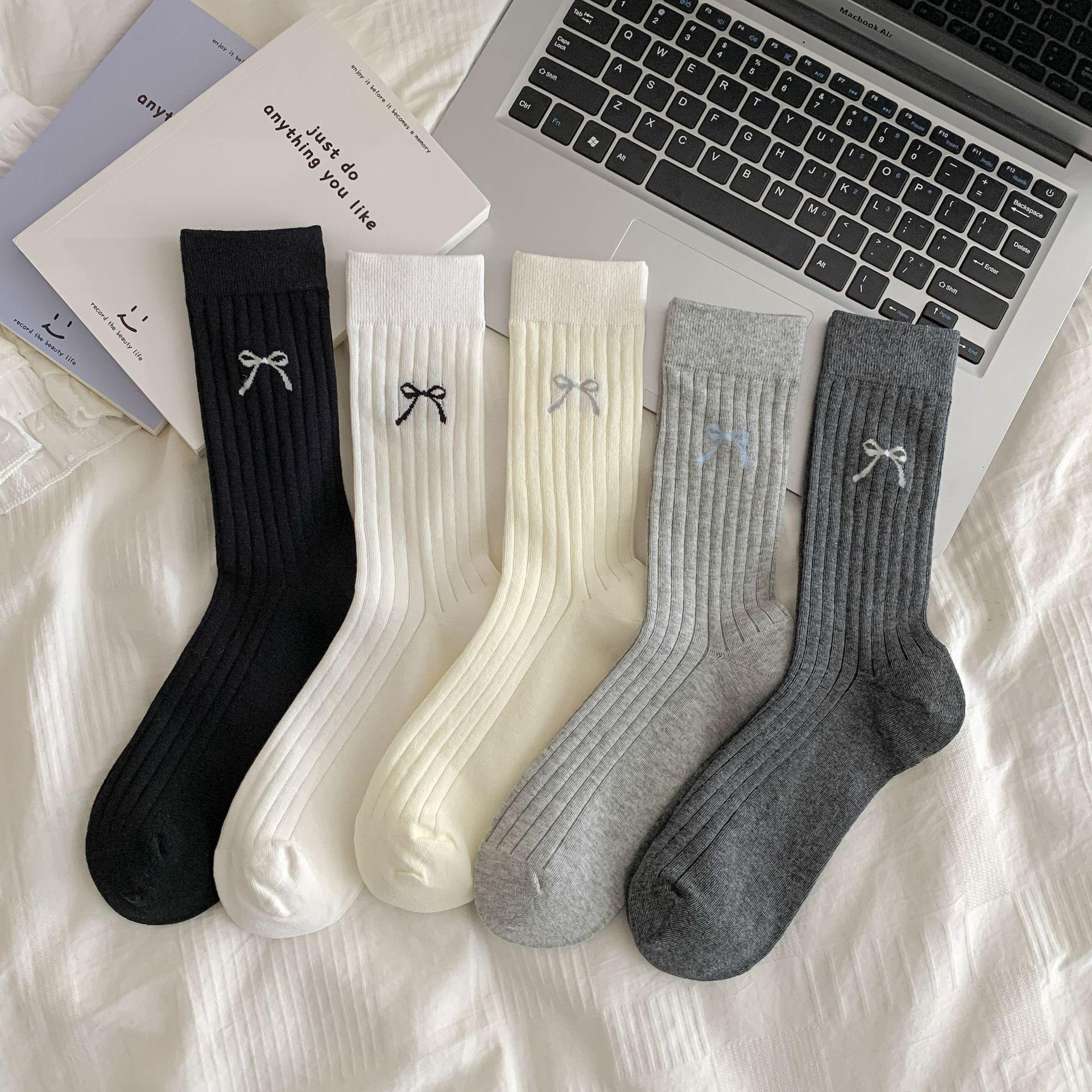 Bowknot Women s Vertical Stripe Breathable Korean Style Spring Summer Socks One Size
