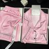 New pink flower ice silk pajamas women's spring and autumn French lapel short-sleeved loungewear set, high-end sense can be worn outside