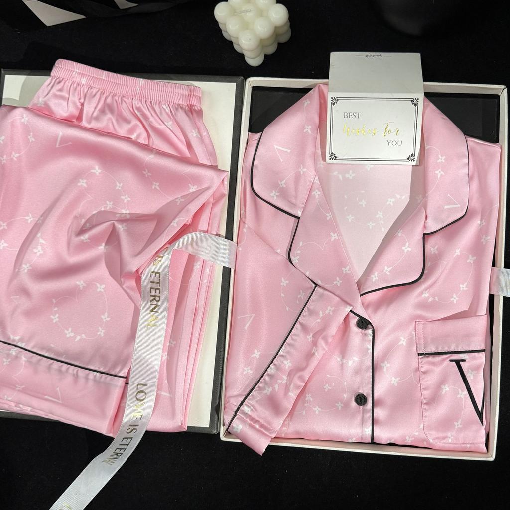 New pink flower ice silk pajamas women's spring and autumn French lapel short-sleeved loungewear set, high-end sense can be worn outside