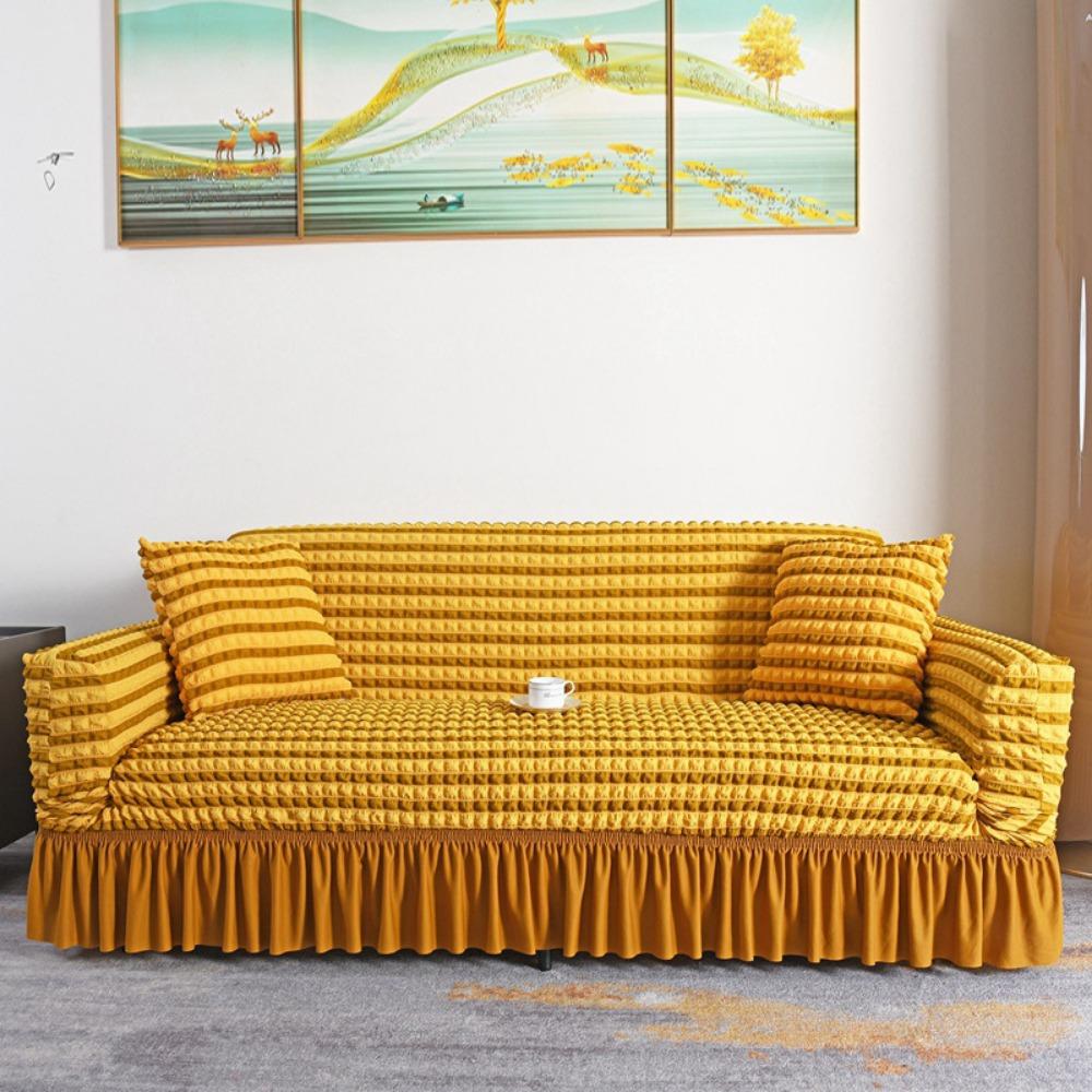 Stretch Sofa Cover Full Elastic Universal Skirt Design Anti Slip Cat Proof Bubble Grid All Season Couch Protector
