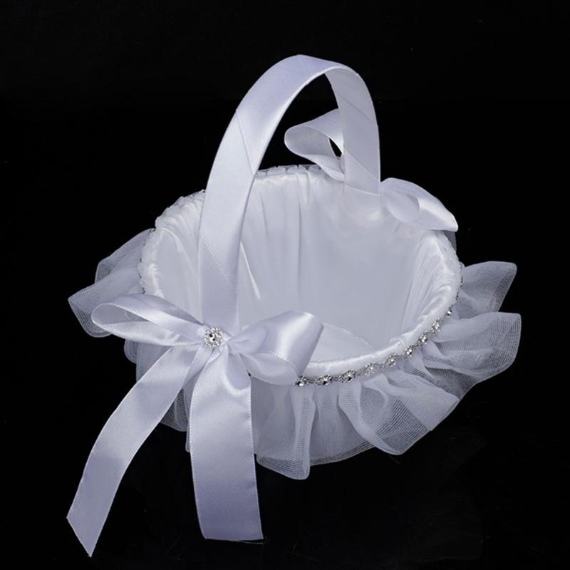 Romantic Petals Storage Satin Flower Girl Basket Bowknots Decor White for Wedding Ceremony Party Decorations 5 Style