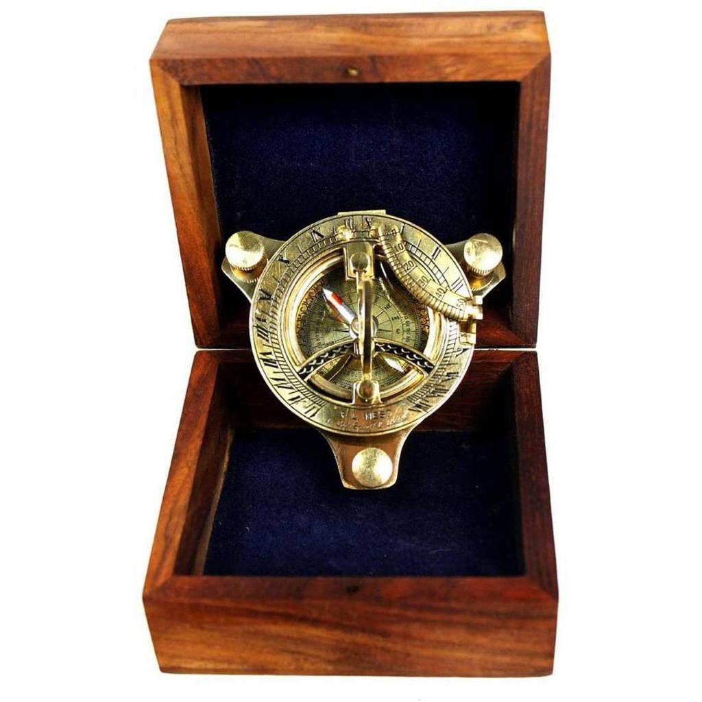 Brass Sundial Compass with Wooden Box Nautical Gift Compass  (Gold, Brown)