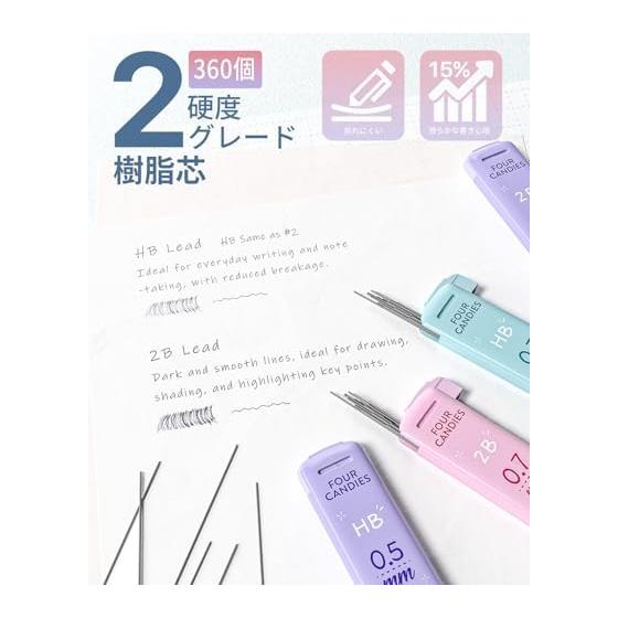 Four Candies 12-Piece Mechanical Pencil Set with 0.5 & 0.7mm HB & 2B Lead Refills, Cute Pencils, 720 Lead Refills, 3 Pastel Erasers, 18 Eraser