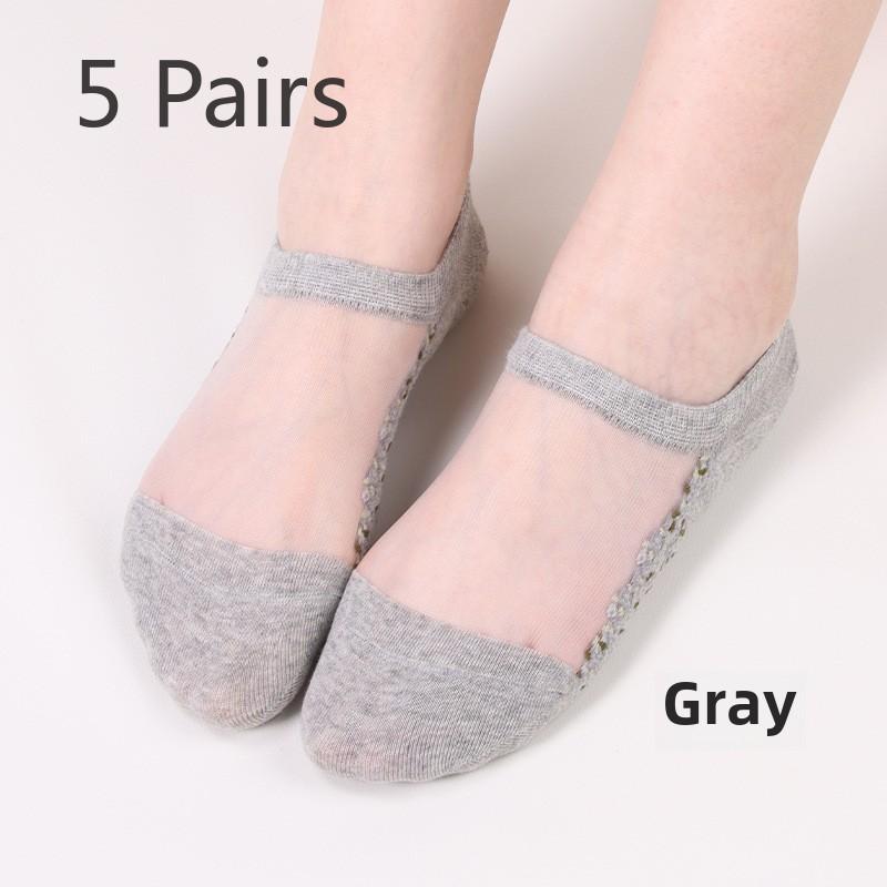 5 Pairs Spring and Summer Fashion Transparent Crystal Stockings Glass Silk Women's Boat Socks Flower Women's Socks