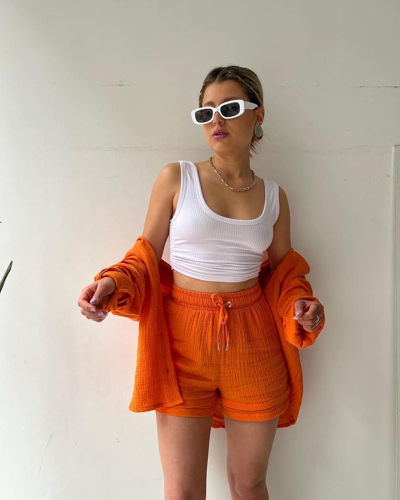 European and American Women's Crinkle Lapel Shirt & High Waist Shorts Two-Piece Set