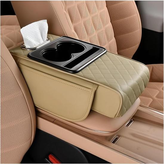 Car Center Console Armrest Pillow, Memory Foam Leather 4 In 1 Vehicle Arm Rest Cover With Tissue Box 2 Side Storage Bag Cup & Phone Holder, Auto