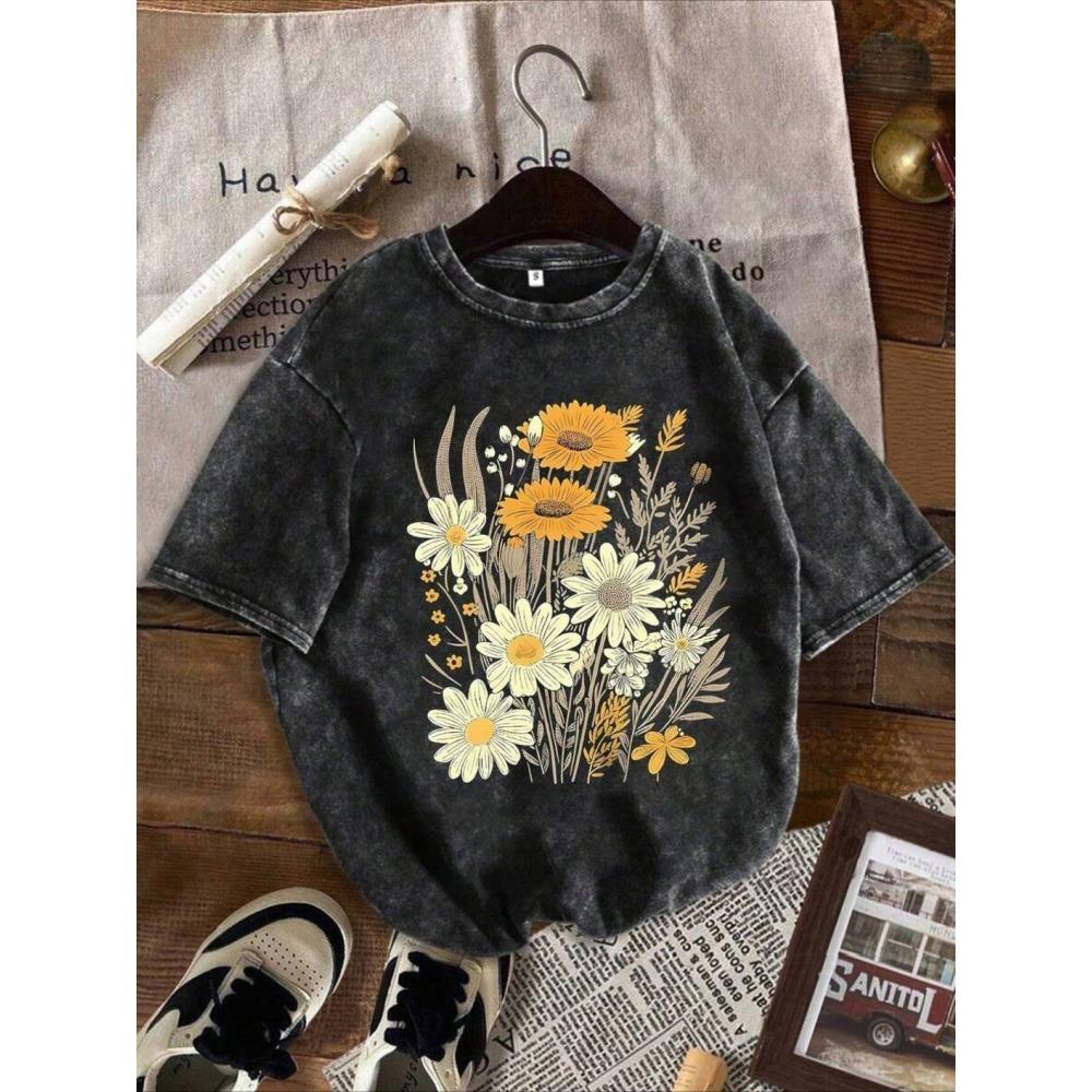 T-shirt Floreale Astratta Lavata Retrò Casual Girocollo Arte Etnica Grafica Floreale Maglietta Top