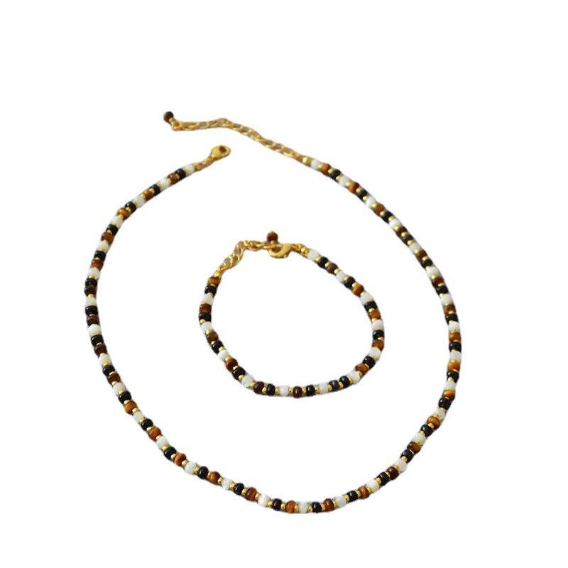 European and American bloggers have the same tiger's eye stone mother shell black agate splicing beaded elegant retro necklace collarbone chain