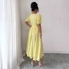 Spring Summer Elegant Midi Dress Deep V Neck Puff Short Sleeve Smocked High Waist Button Front A-Line Flowy Casual Daily Party Date Sundress