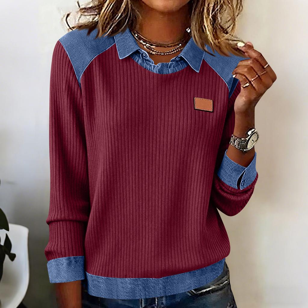 Women's Fashion Oversized Denim Collar Long-Sleeve Pullover Patchwork Knit Top