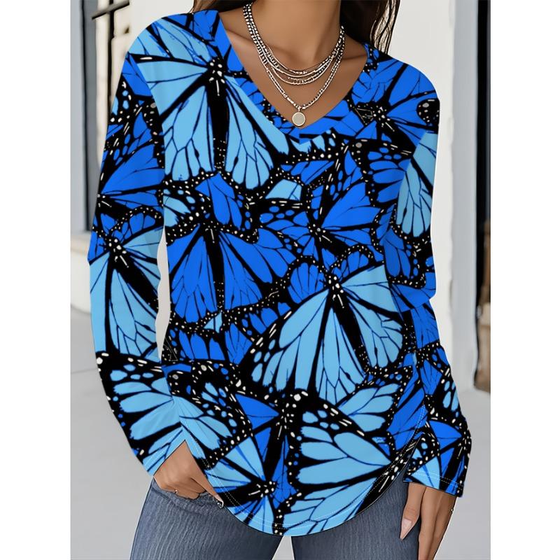 Plus Size Women's Autumn/Winter Arrival Fashion Printed Casual V-Neck Long Sleeve T-Shirt