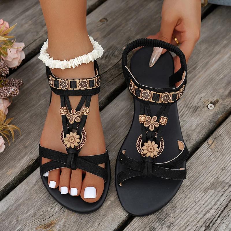 Flower Beaded Bohemian Sandals for Women Summer 2025 Roman Style Comfortable Flat Sandals Woman Lightweight Non Slip Beach Shoes