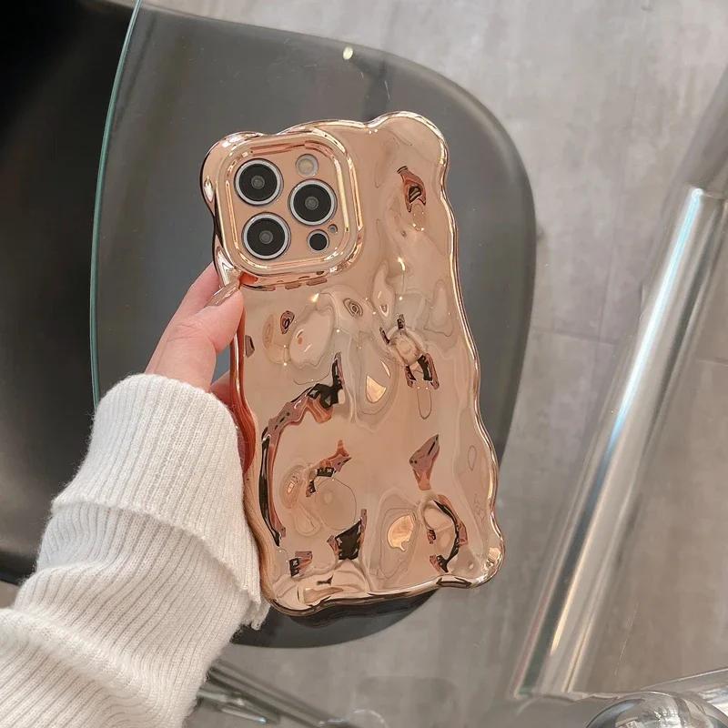 Luxury Plating Wrinkle Wavy Curly Edge Phone Case For 17 16 15 12 13 14 Pro Max 3D Unevenness Camera Protection Cover