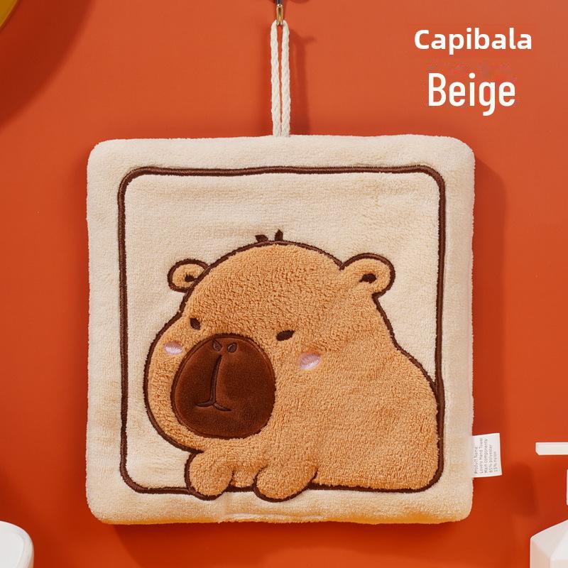 Capybara Embroidered Coral Fleece Hand Towel - Cute, Thick Towel for Kitchen or Kids' Use