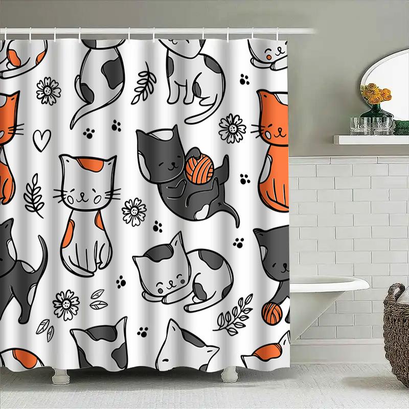 Creative Cat Shower Curtain Set Bathroom Decor With Cartoon Design For Kids Room Or Pet Lovers Gift Decoration Ideas (White)