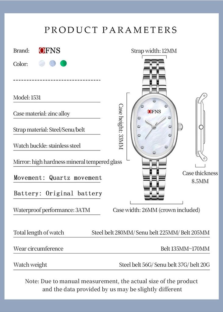 Fashion Ofns Women's Fashion Luxury Pearl Mother Of Dial Diamond Dot Oval Quartz Waterproof Light Dress Watch For Girlfriend Gif