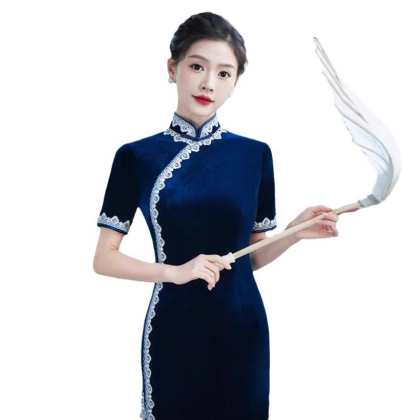 Elegant Velvet Cheongsam: 2026 Long Skirt Model for Fashion Shows & Stage Performances