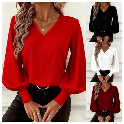 Camisa de Moda Versátil com Decote em V e Mangas Bufantes Outono/Inverno 2025 para Mulheres