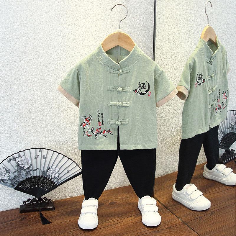 Completo Estivo da Ragazzo a Maniche Corte Stile Cinese per Bambini Hanbok Bello Completo Tang Cotone Lino Sezione Sottile di Abbigliamento Antico