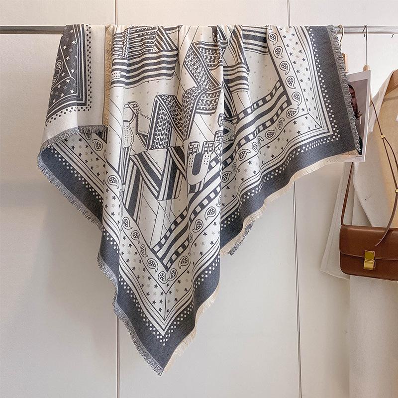 Polka Dot Cashew Scarf Geometric Line Splicing Shawl Women'S Imitation Cashmere Warm Square Scarf