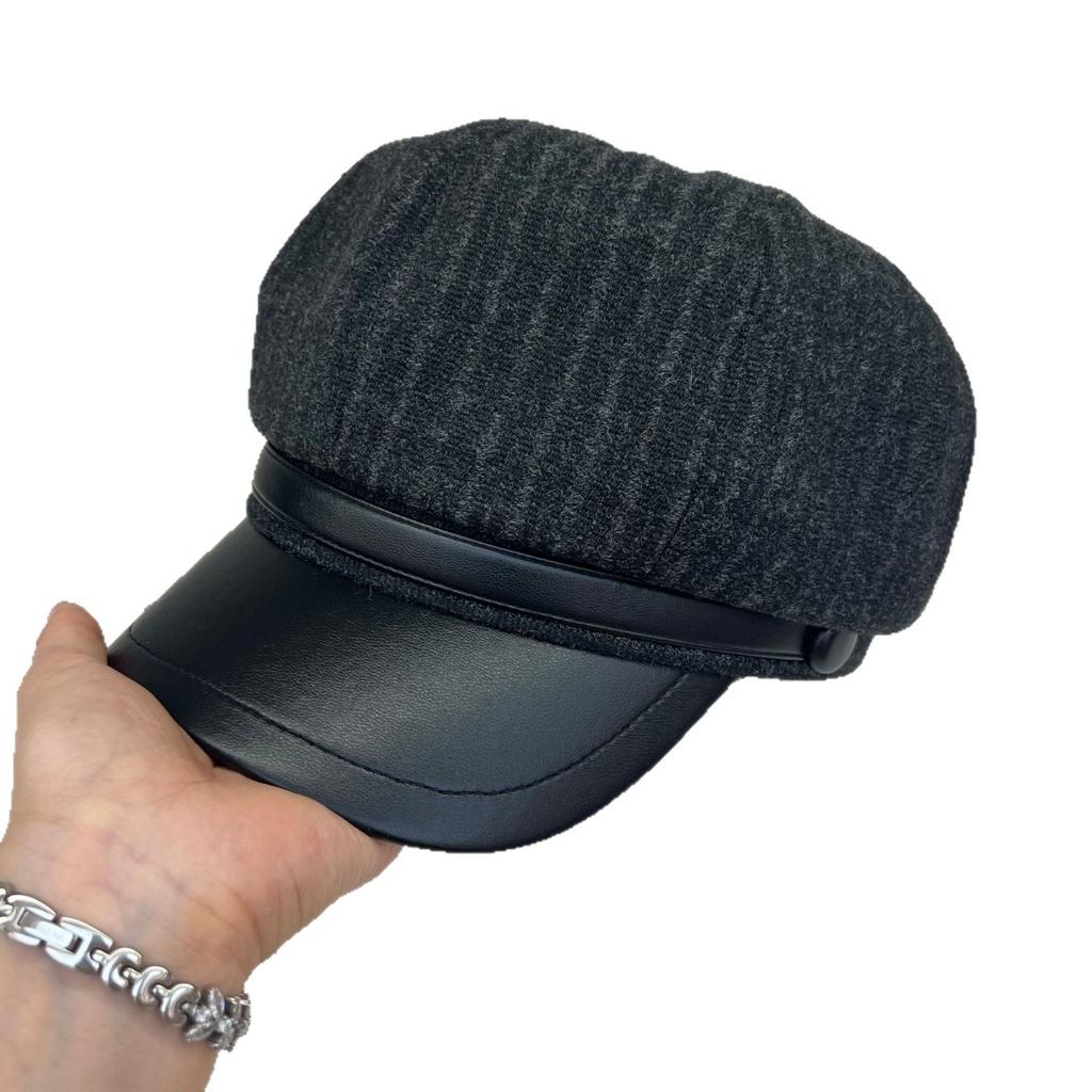 Japanese Striped Casual Retro Octagonal Hat Early Autumn Pu Leather Brim Splicing Women's Street New Cap Trendy New