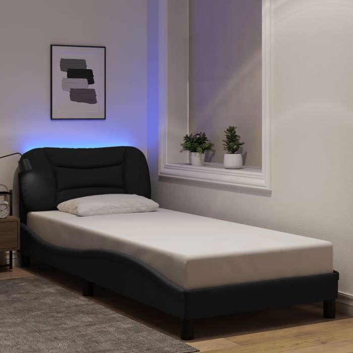 VidaXL Cadre de Lit avec Lumières LED, Lit Simple avec Coussin de Tête de Lit, Lit Adulte, Meuble de Chambre, Moderne, Noir 3213664