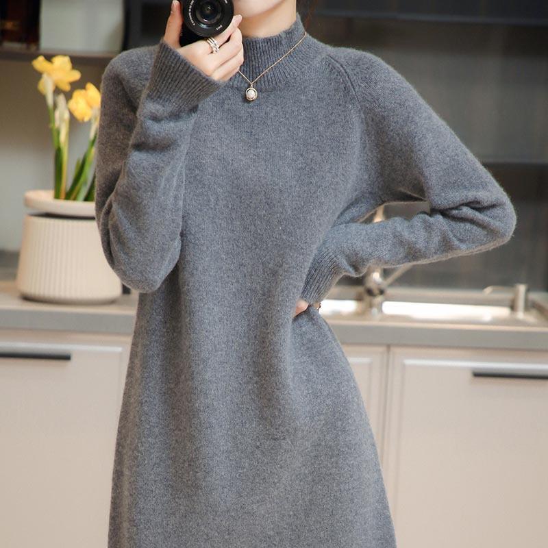 Half Turtleneck Sweater Mid-length Solid-color Knitted Dress for Women Casual Loose Pullover Autumn and Winter Top