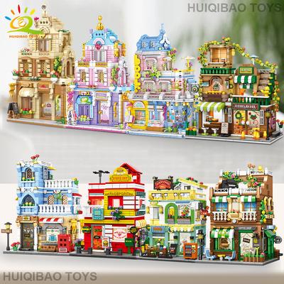 City Street View Coffee Burger Shop Hotel Model Building Blocks DIY Architecture Commercial Street Bricks Toys Adult