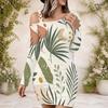 Women Plus Size One Shoulder Long Sleeve Bodycon Mini Dress Tropical Palm Sunset Wave Printed