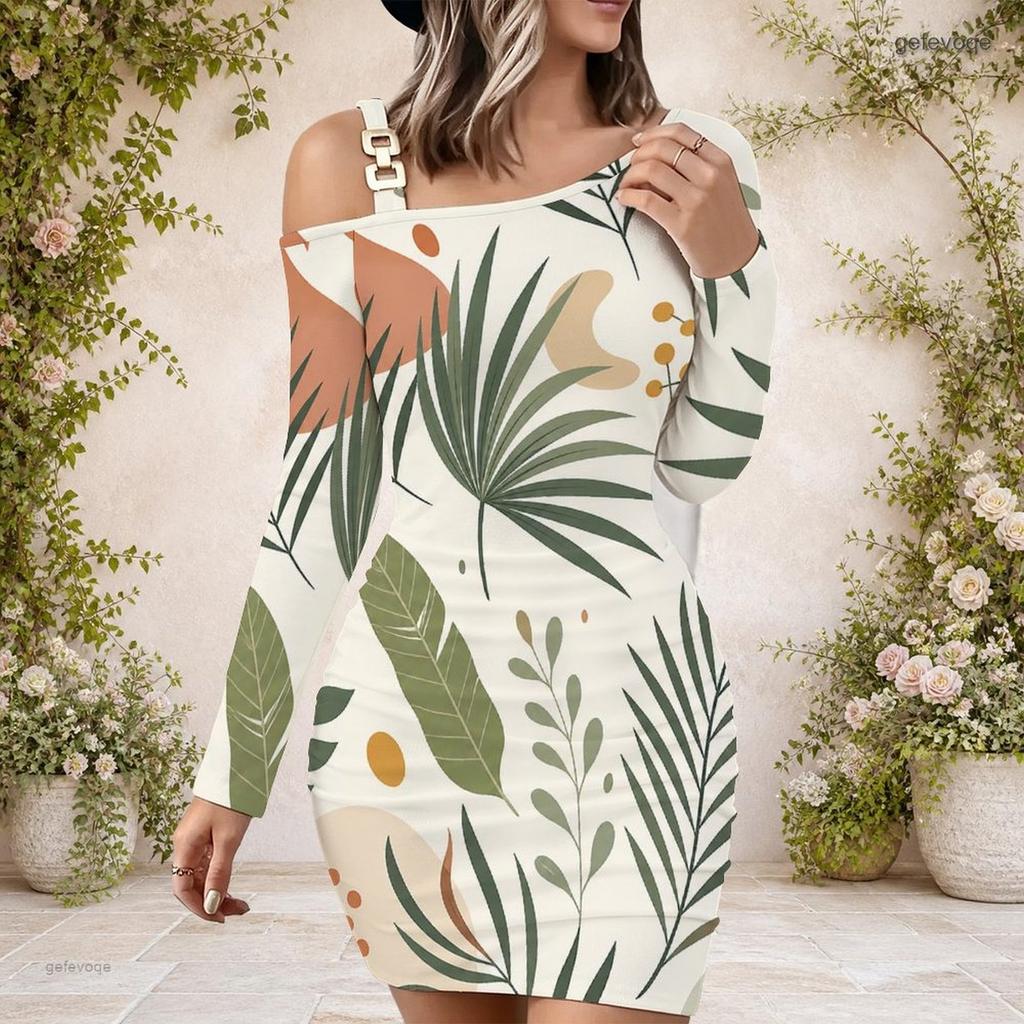 Women Plus Size One Shoulder Long Sleeve Bodycon Mini Dress Tropical Palm Sunset Wave Printed