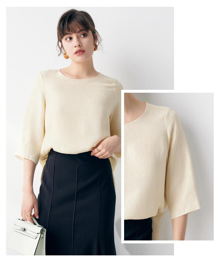 [3D Carving] Spring and summer round neck loose slimming solid color silk flower Luo Guan Le Crepe short sleeved T-shirt for women