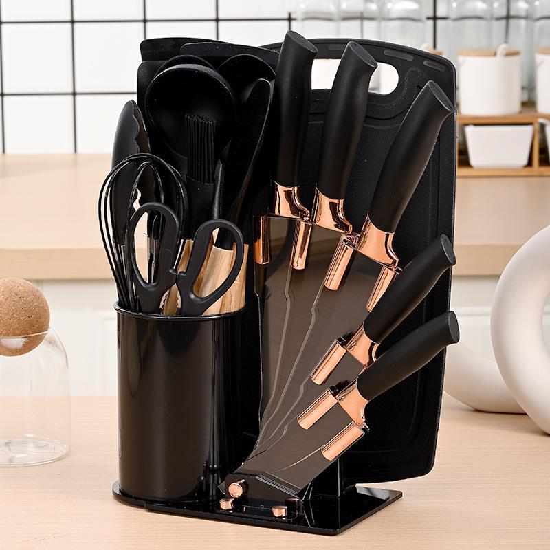 19-delars silikon köksredskapsset med skärbräda & förvaringshink