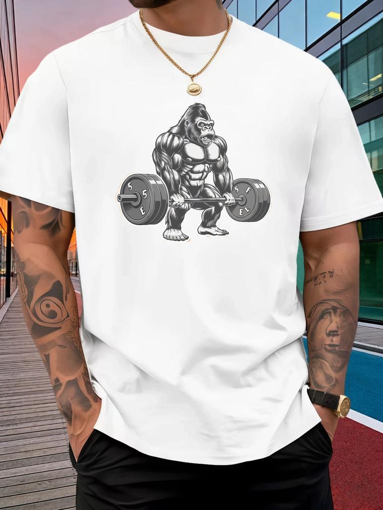 Unisex Crew Neck Cotton T Shirt Muscular Gorilla Barbell Print Short Sleeve Tops Loose Fitness Casual Summer Tees For Young Male
