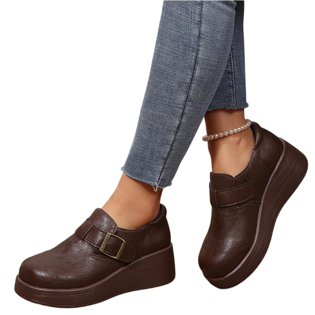 Women's Platform Loafers with Round Toe and Buckle Strap Slip-On Design Comfortable Thick Sole Casual Shoes for Daily Wear