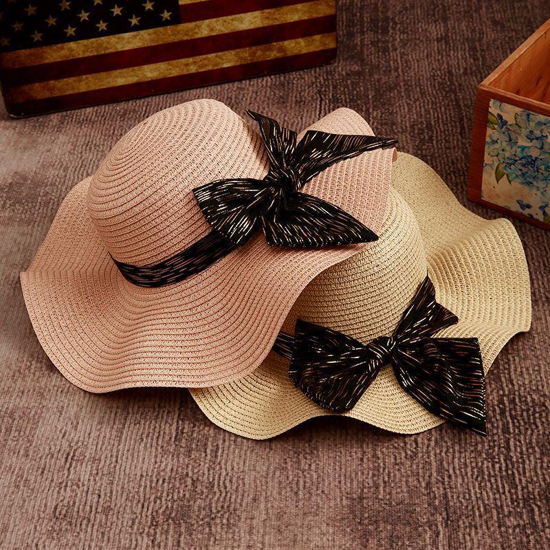 Sweet bow sunscreen beach hat women's spring and summer straw woven wave hat outdoor outing big eaves bucket hat