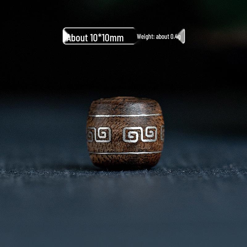 Nha Trang Agarwood Silver Inlaid Beads: Pure Agarwood Barrel Beads with Silver Accents