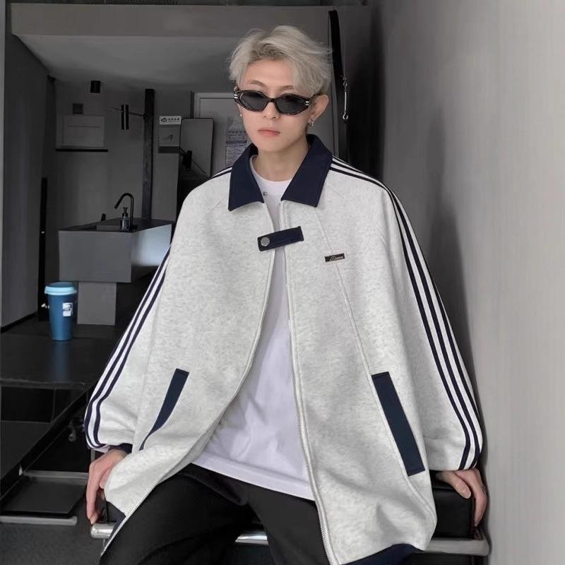 American splicing sports jacket boys spring and autumn heavy three-bar sweater trendy lapel baseball jersey